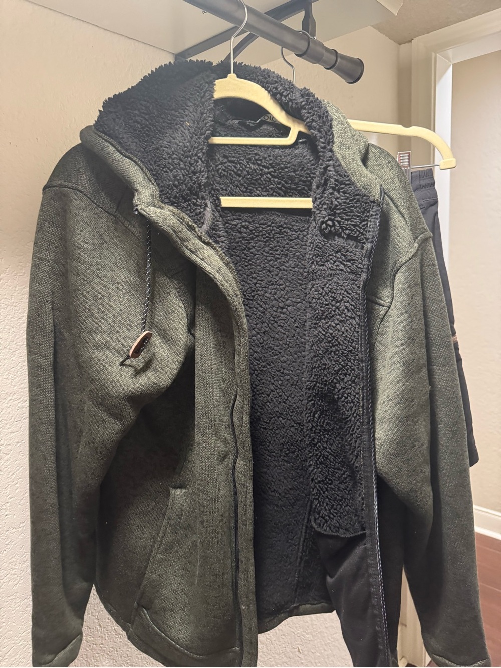 Sherpa-Lined Hooded Bomber Jacket in Dark Green